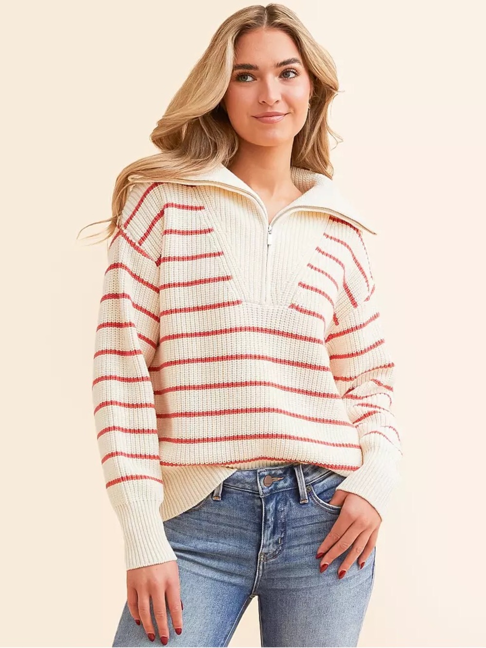 Buckle Z Supply Villa Striped 1/2 Zip Striped Sweater Red Pepper White size M